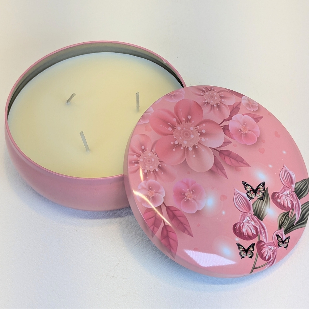 Citronella Soy Wax Candle Pink Butterfly Floral Design Tin 12oz - Picture 1 of 3